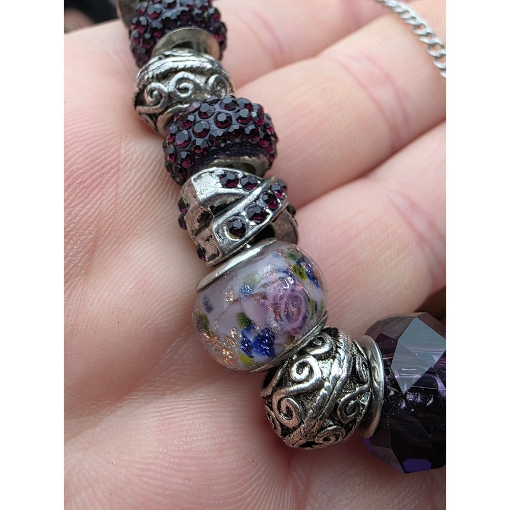 Sterling Silver Charm Bracelet Purple Murano Glass Pave Crystal Beads Yakira 48g - Picture 9 of 16
